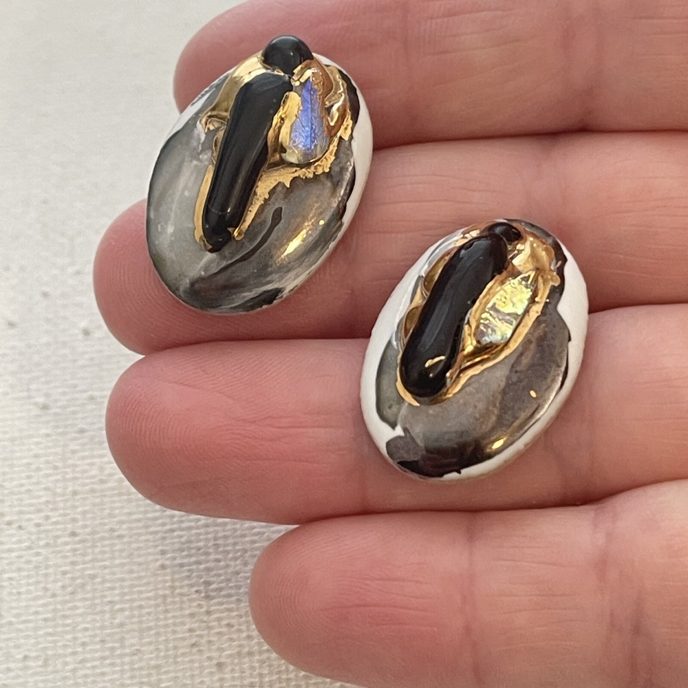 3 pc Vintage Artisan Glazed Ceramic Dichroic Glass Gold Brooch Earring Set 80s - Picture 9 of 11